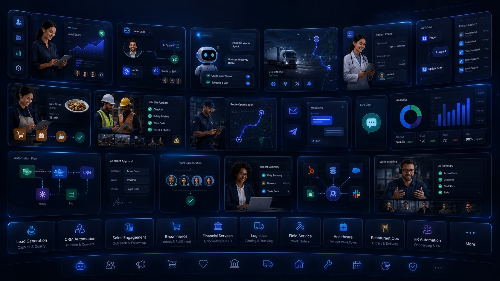 AI automation systems across lead generation, CRM, sales engagement, logistics, healthcare, financial services, and HR — built and managed by Omni Online Strategies