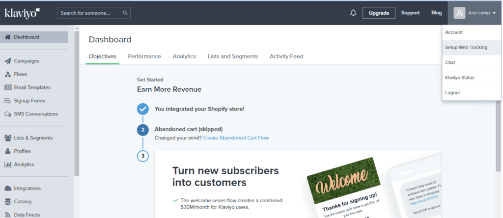 Set up web tracking Klaviyo Shopify