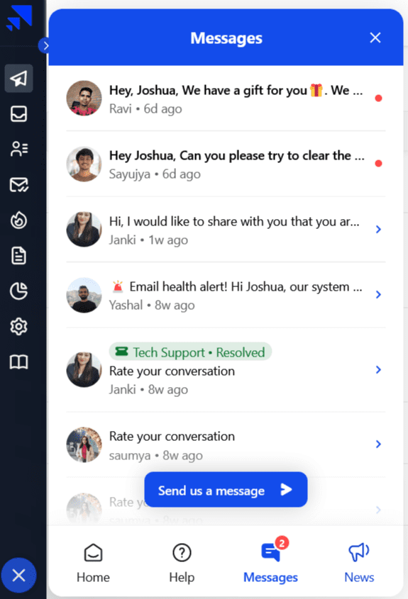 A real-time photo of the live-chat bubble on our Saleshandy dashboard showcases the quality of support we receive. Our team has tested various cold email software and determined that Saleshandy's support meets remarkably high standards - they are quick to respond, eager to help, and demonstrate high professionalism