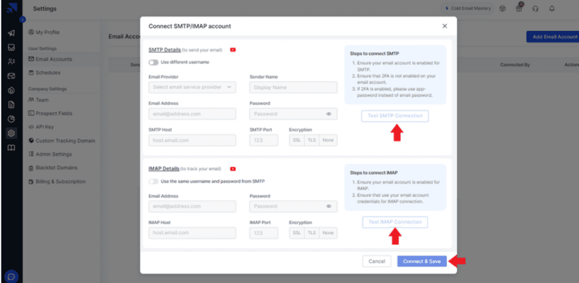 A screenshot tutorial on how to connect SMTP (Google Workspace emails to Saleshandy app)