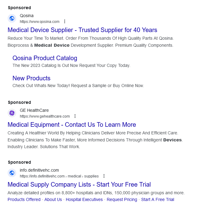 A screenshots of Google search results for the keywords: "medical equipment distributors". This is an example of the way medical equipment companies use Google Ads as part of their marketing strategies
